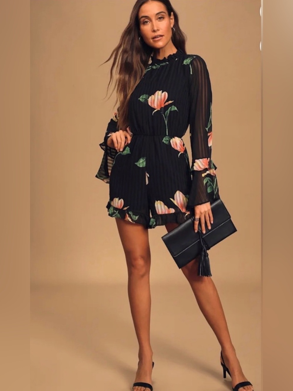 Lulu's Black Floral Long-Sleeve Pleated Romper